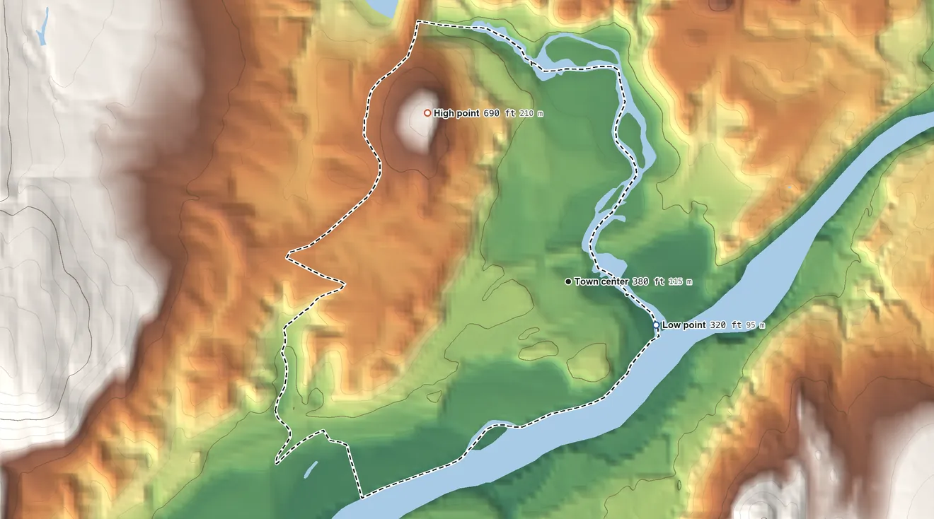 Topographic elevation map of North Hartland, Vermont, shaded from 320 ft on the southeast side to 690 ft on Clay Hill