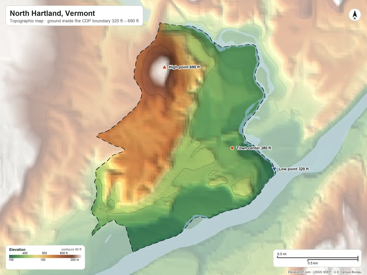 Topographic elevation map of North Hartland, Vermont, shaded from 320 ft on the southeast side to 690 ft on Clay Hill