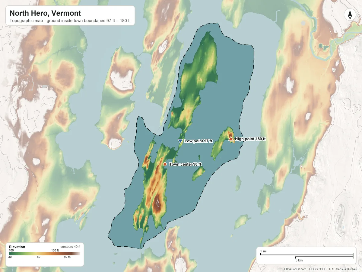 Topographic elevation map of North Hero, Vermont, shaded from 97 ft on the northeast side to 180 ft on the east side