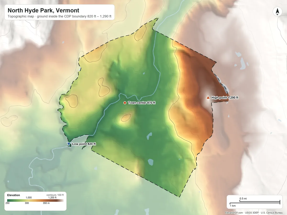 Topographic elevation map of North Hyde Park, Vermont, shaded from 820 ft on the southwest side to 1,290 ft at the foot of the Lowell Mountains