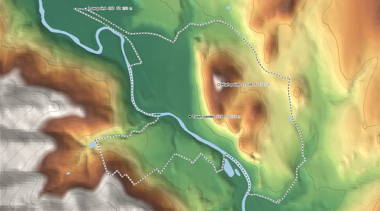 Topographic elevation map of North Pownal, Vermont, shaded from 490 ft on the northwest side to 1,140 ft on the northeast edge, below higher ground just outside