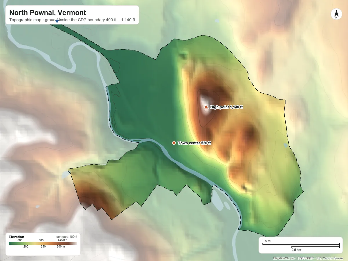 Topographic elevation map of North Pownal, Vermont, shaded from 490 ft on the northwest side to 1,140 ft on the northeast edge, below higher ground just outside