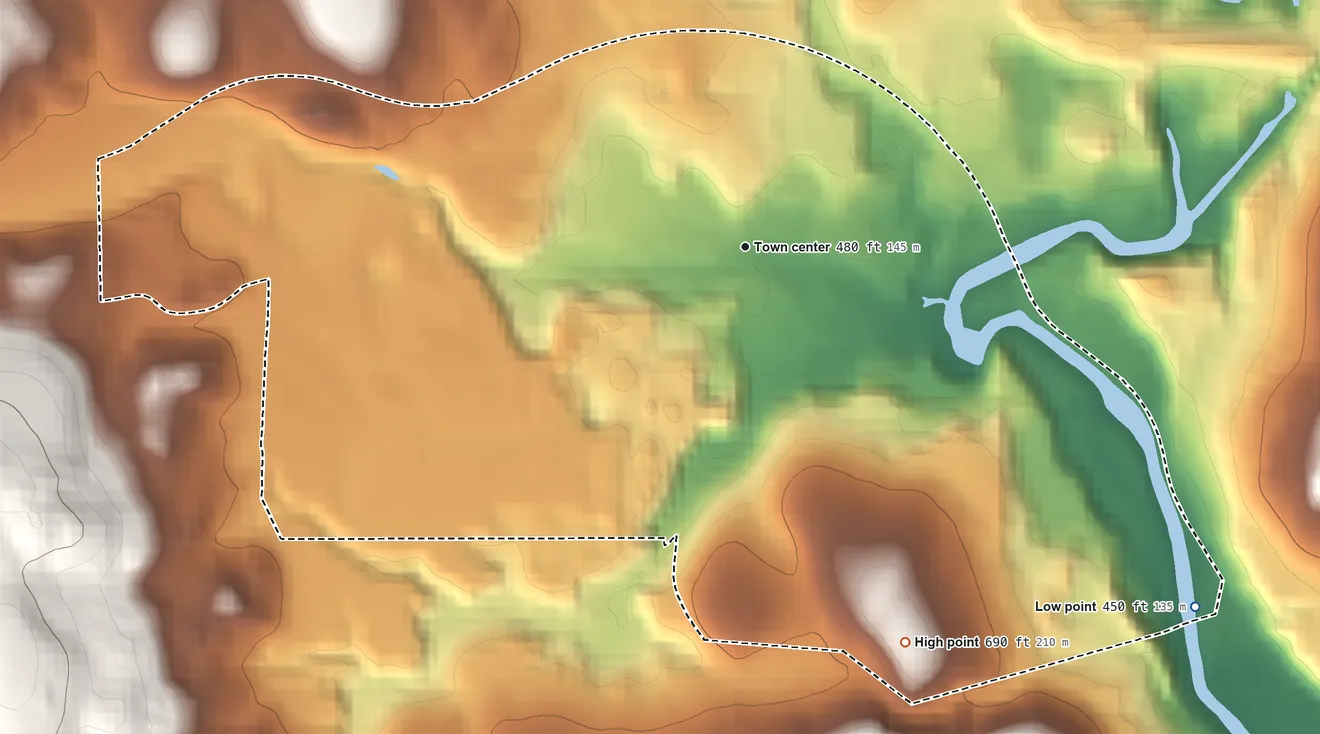 Topographic elevation map of North Springfield, Vermont, shaded from 450 ft on the southeast side to 690 ft on the south edge, below higher ground just outside