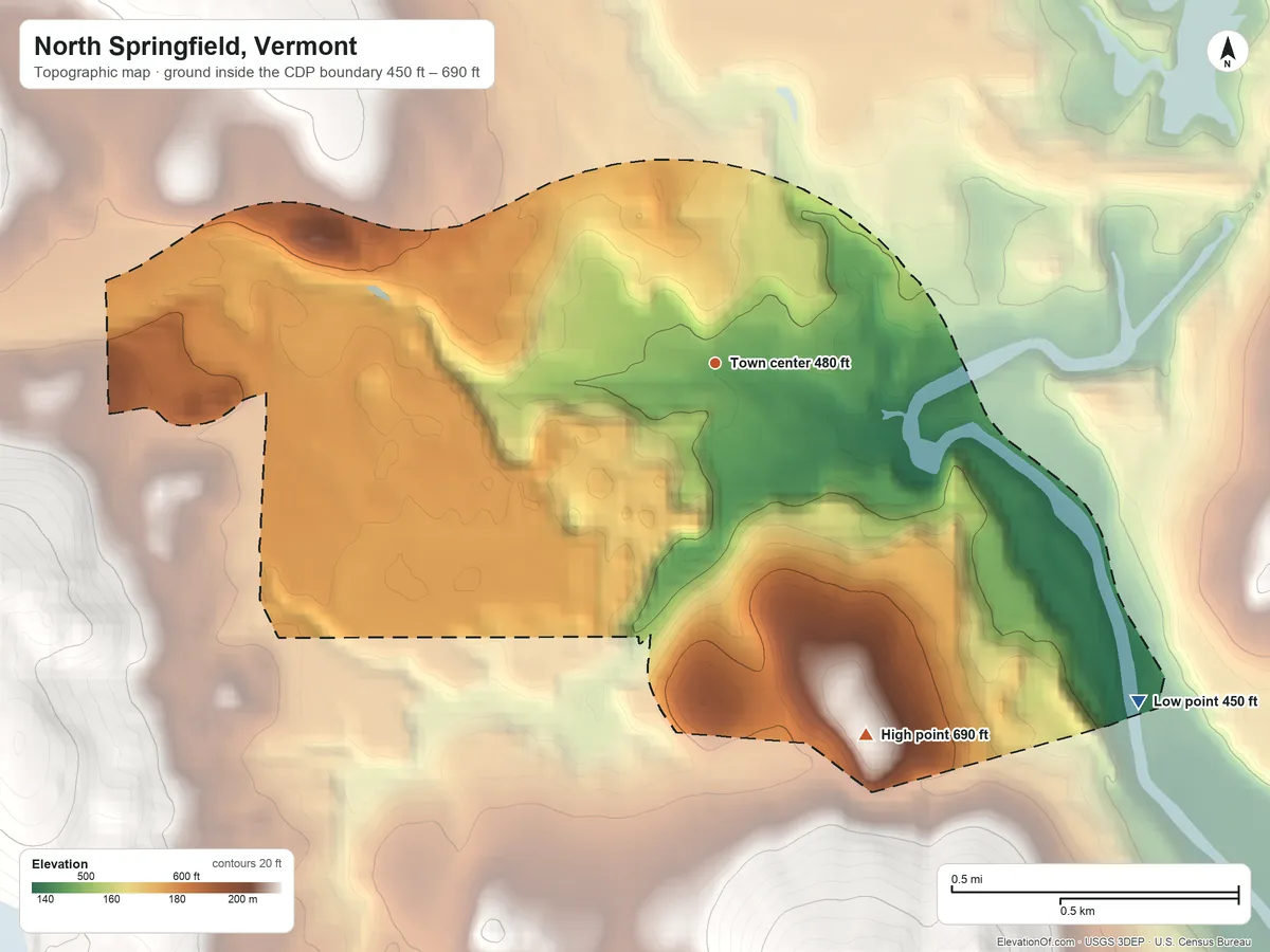 Topographic elevation map of North Springfield, Vermont, shaded from 450 ft on the southeast side to 690 ft on the south edge, below higher ground just outside