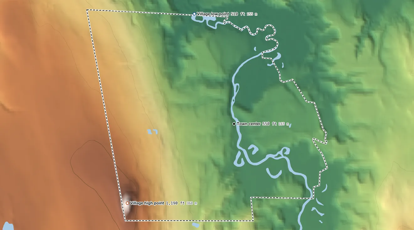 Topographic elevation map of North Troy, Vermont, shaded from 510 ft on the north side to 1,190 ft on Warner Hill