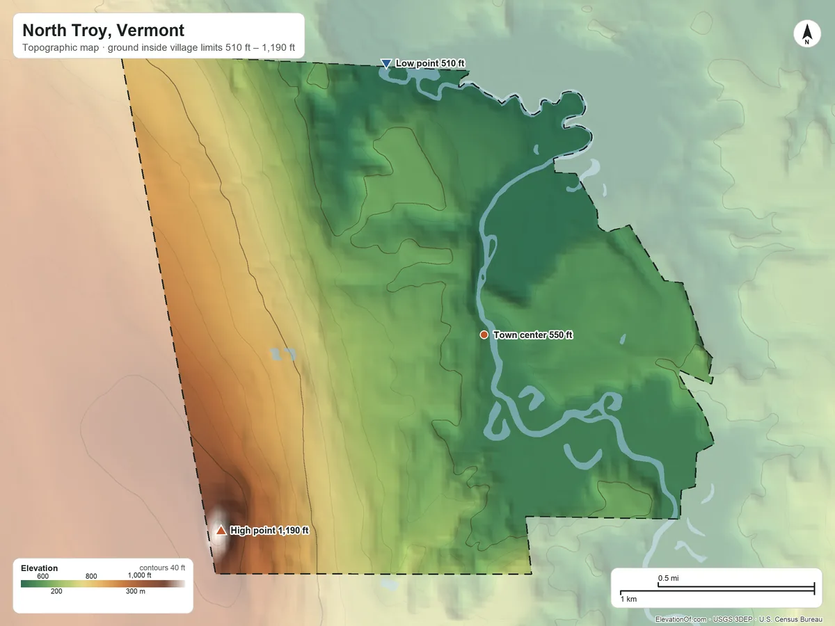 Topographic elevation map of North Troy, Vermont, shaded from 510 ft on the north side to 1,190 ft on Warner Hill