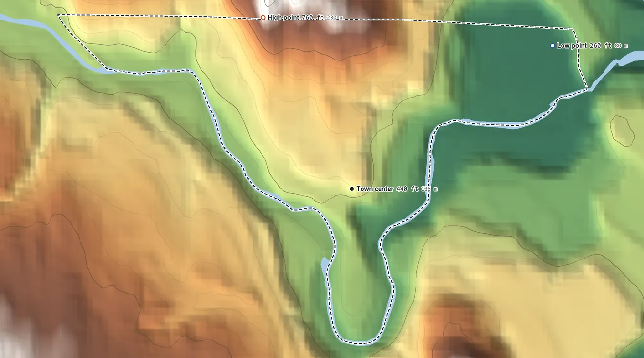 Topographic elevation map of North Westminster, Vermont, shaded from 260 ft on the northeast side to 760 ft on the northwest edge, below higher ground just outside