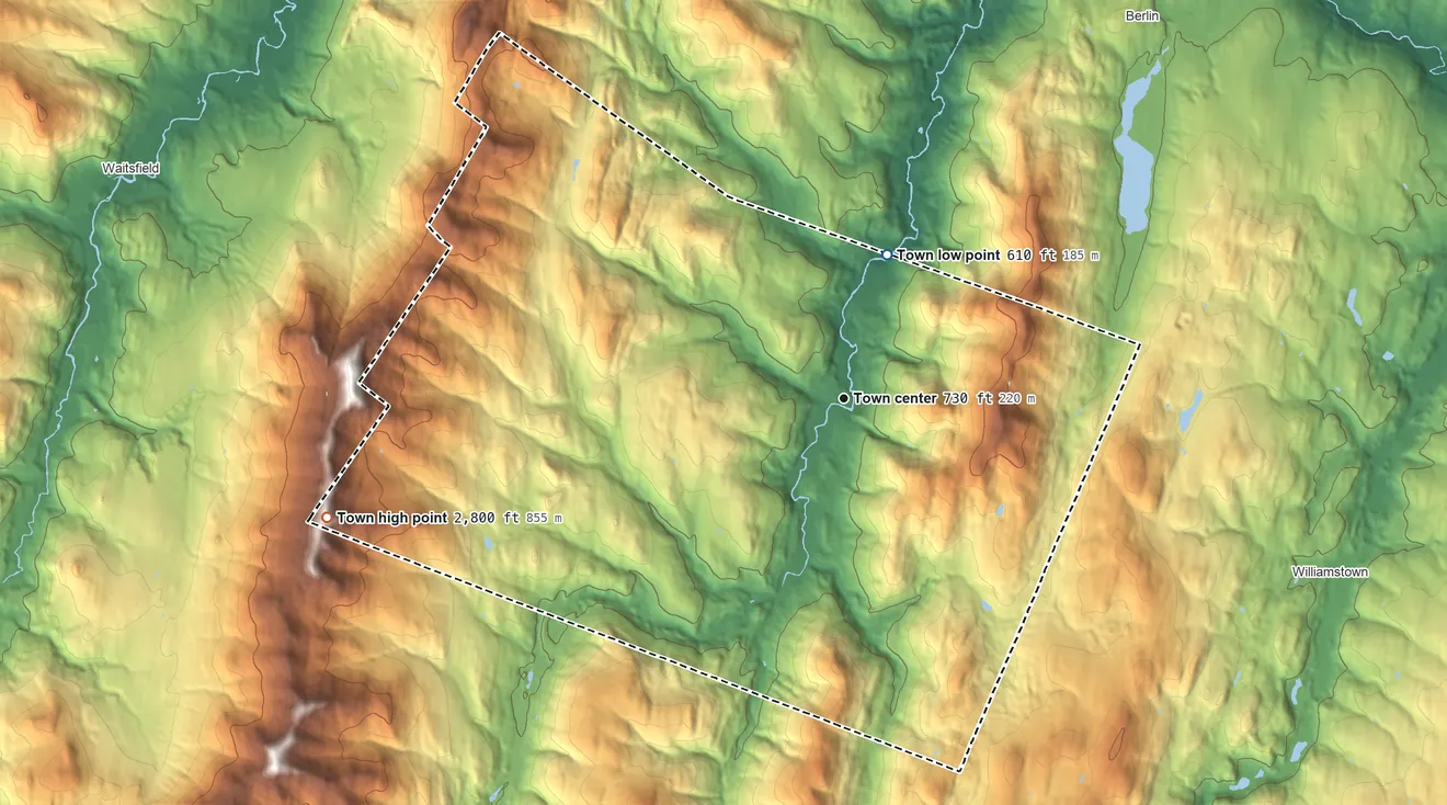 Topographic elevation map of Northfield, Vermont, shaded from 610 ft on the north side to 2,800 ft on the west side