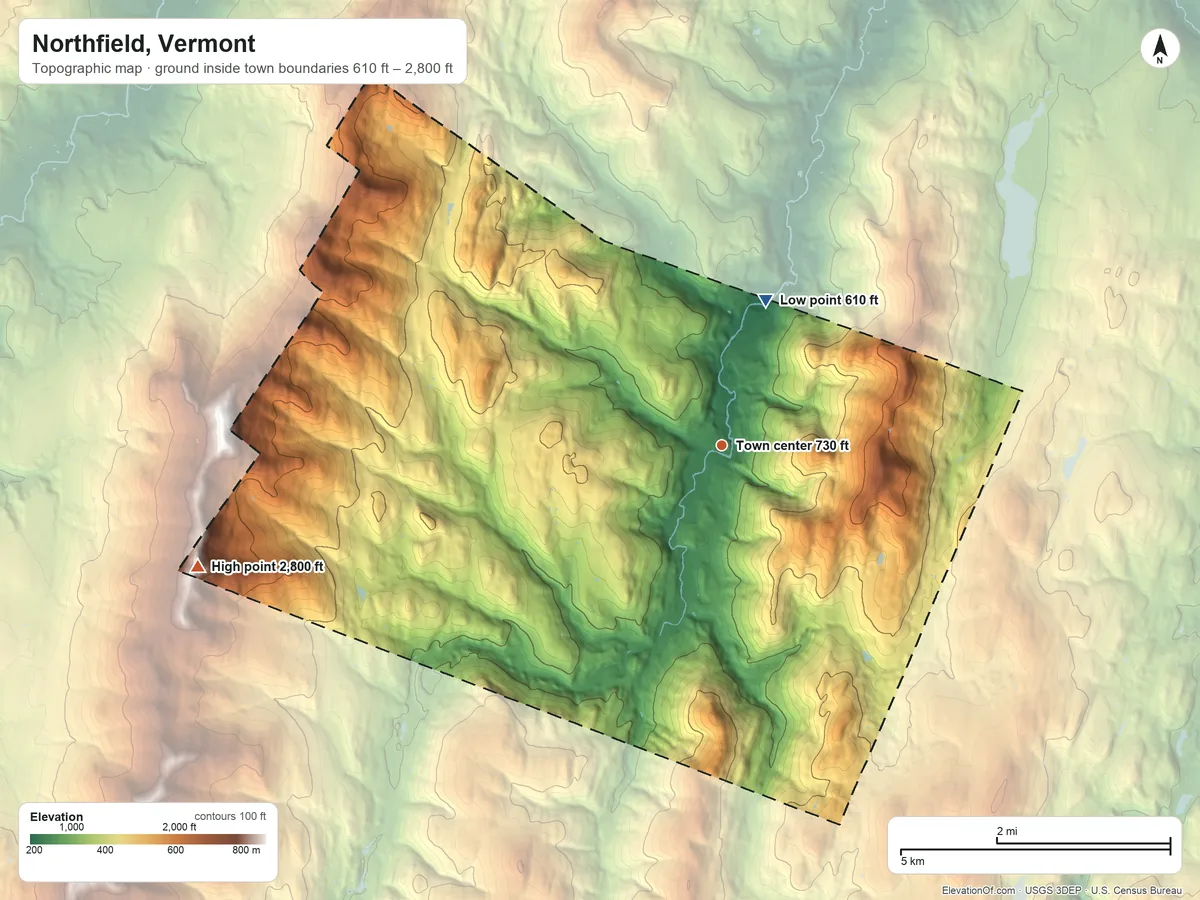 Topographic elevation map of Northfield, Vermont, shaded from 610 ft on the north side to 2,800 ft on the west side