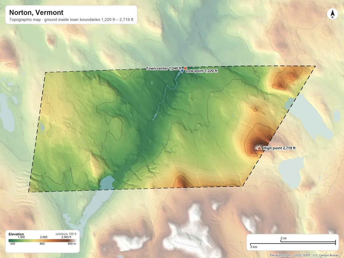 Topographic elevation map of Norton, Vermont, shaded from 1,220 ft near the middle to 2,719 ft on Brousseau Mountain