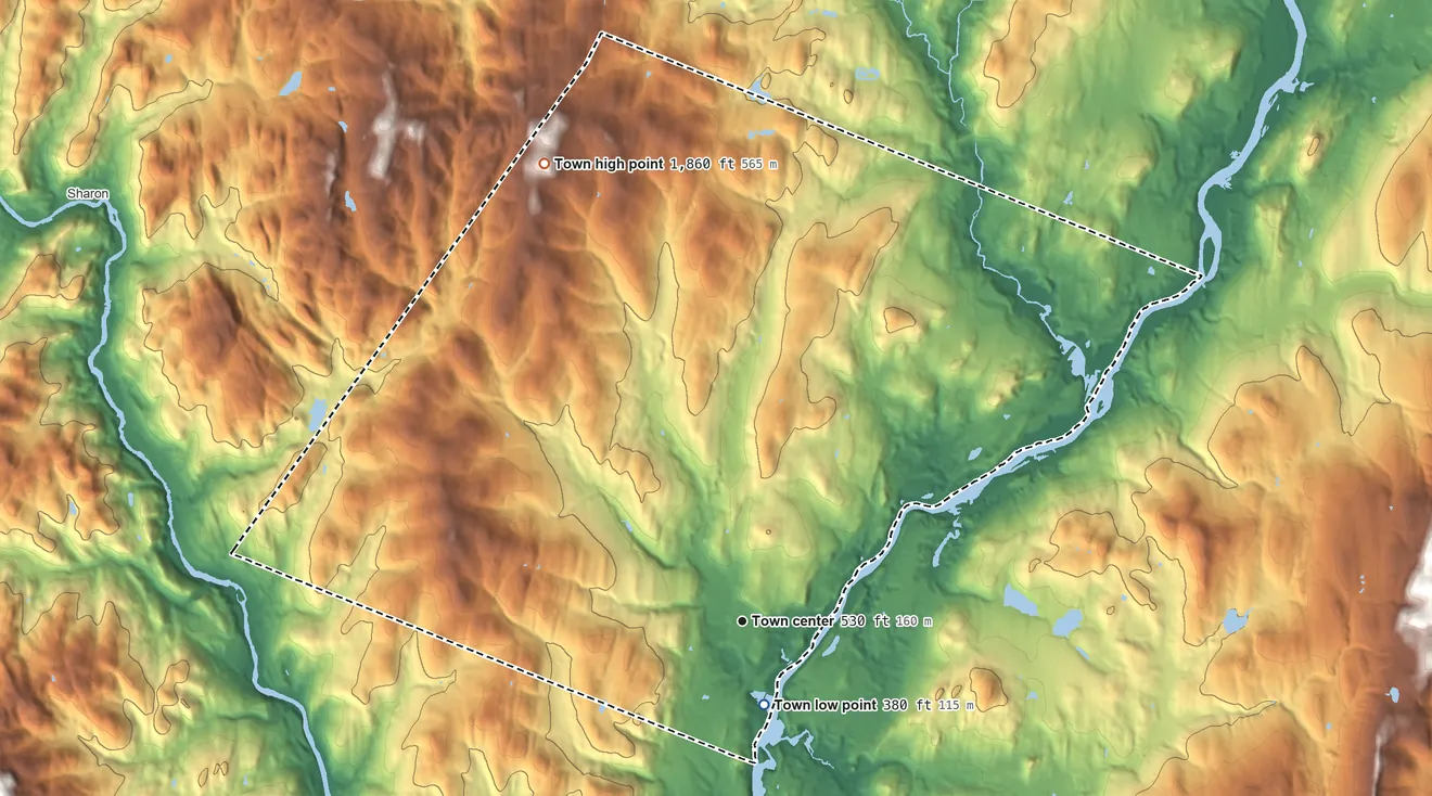 Topographic elevation map of Norwich, Vermont, shaded from 380 ft near the middle to 1,860 ft on Gile Mountain