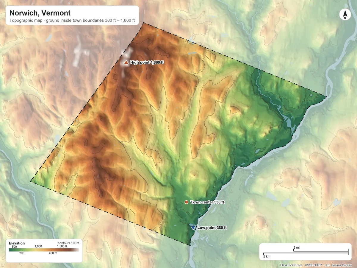 Topographic elevation map of Norwich, Vermont, shaded from 380 ft near the middle to 1,860 ft on Gile Mountain