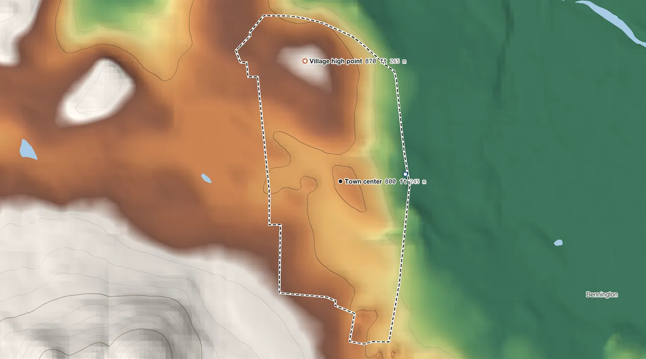 Topographic elevation map of Old Bennington, Vermont, shaded from 710 ft on the east side to 870 ft on the north edge, below higher ground just outside