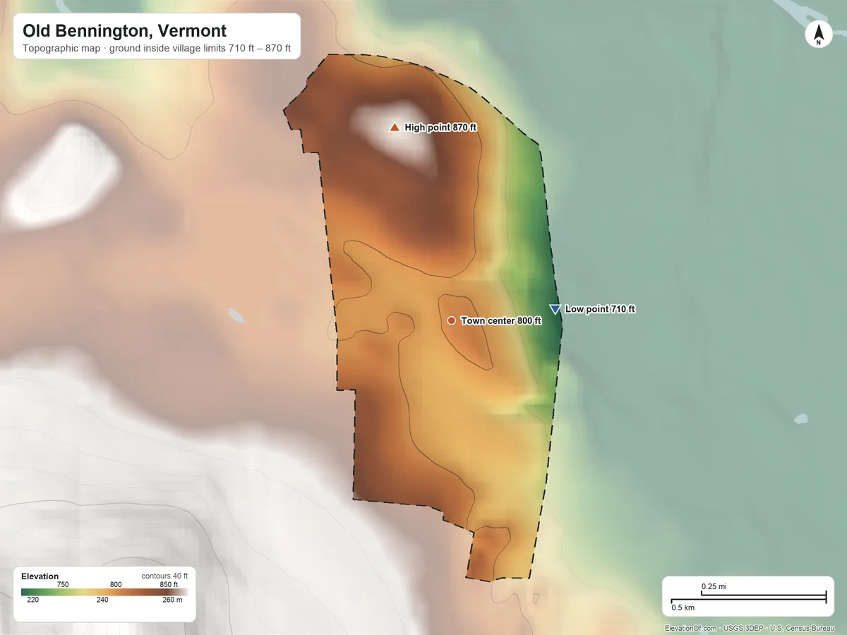 Topographic elevation map of Old Bennington, Vermont, shaded from 710 ft on the east side to 870 ft on the north edge, below higher ground just outside