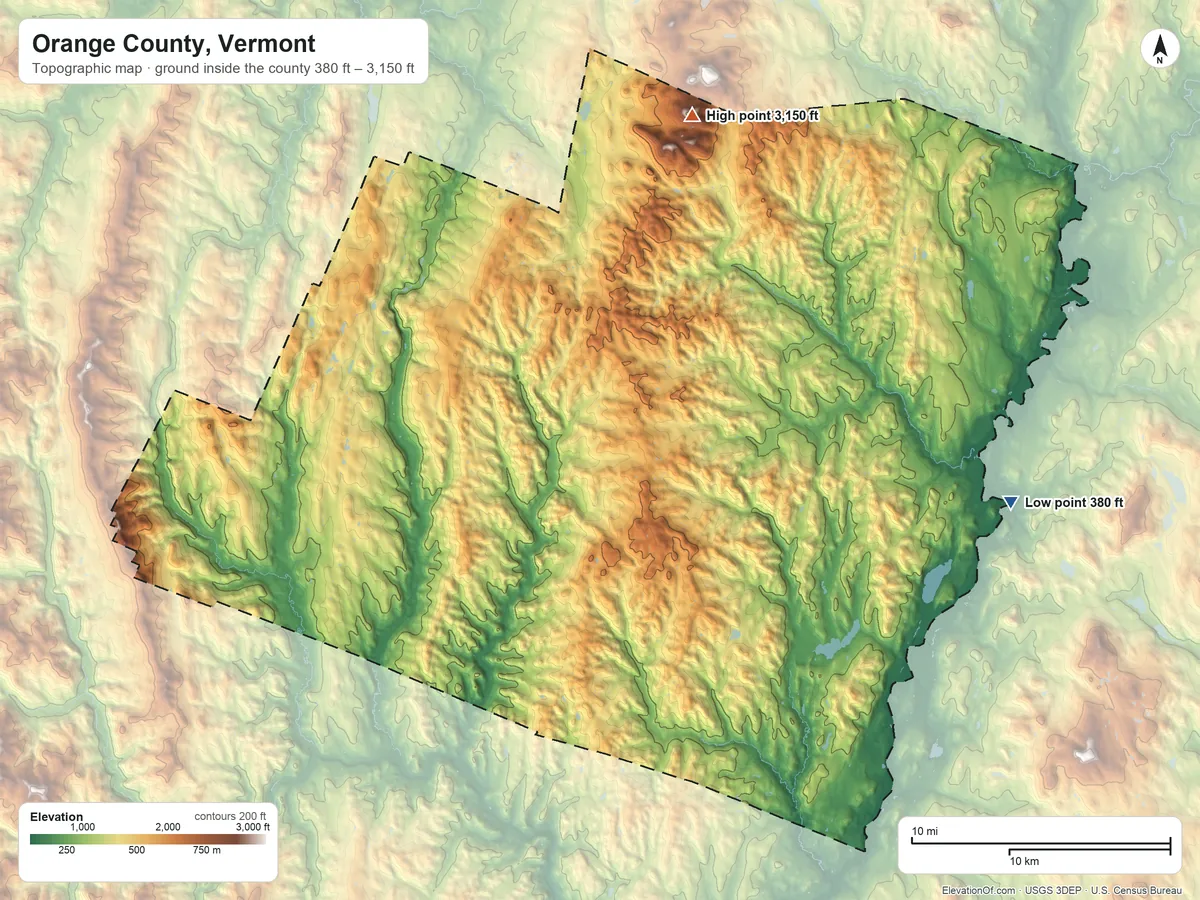 Topographic elevation map of Orange County, Vermont, shaded from 380 ft on the east side to 3,150 ft on Butterfield Mountain