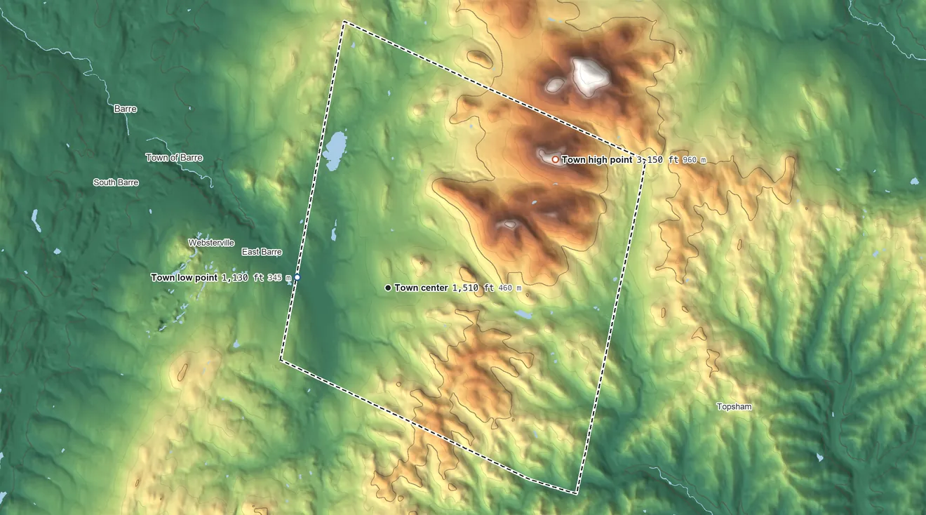 Topographic elevation map of Orange, Vermont, shaded from 1,130 ft on the west side to 3,150 ft on Butterfield Mountain