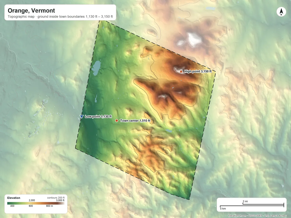 Topographic elevation map of Orange, Vermont, shaded from 1,130 ft on the west side to 3,150 ft on Butterfield Mountain