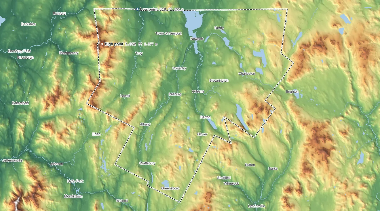 Topographic elevation map of Orleans County, Vermont, shaded from 510 ft on the northwest side to 3,862 ft on Jay Peak