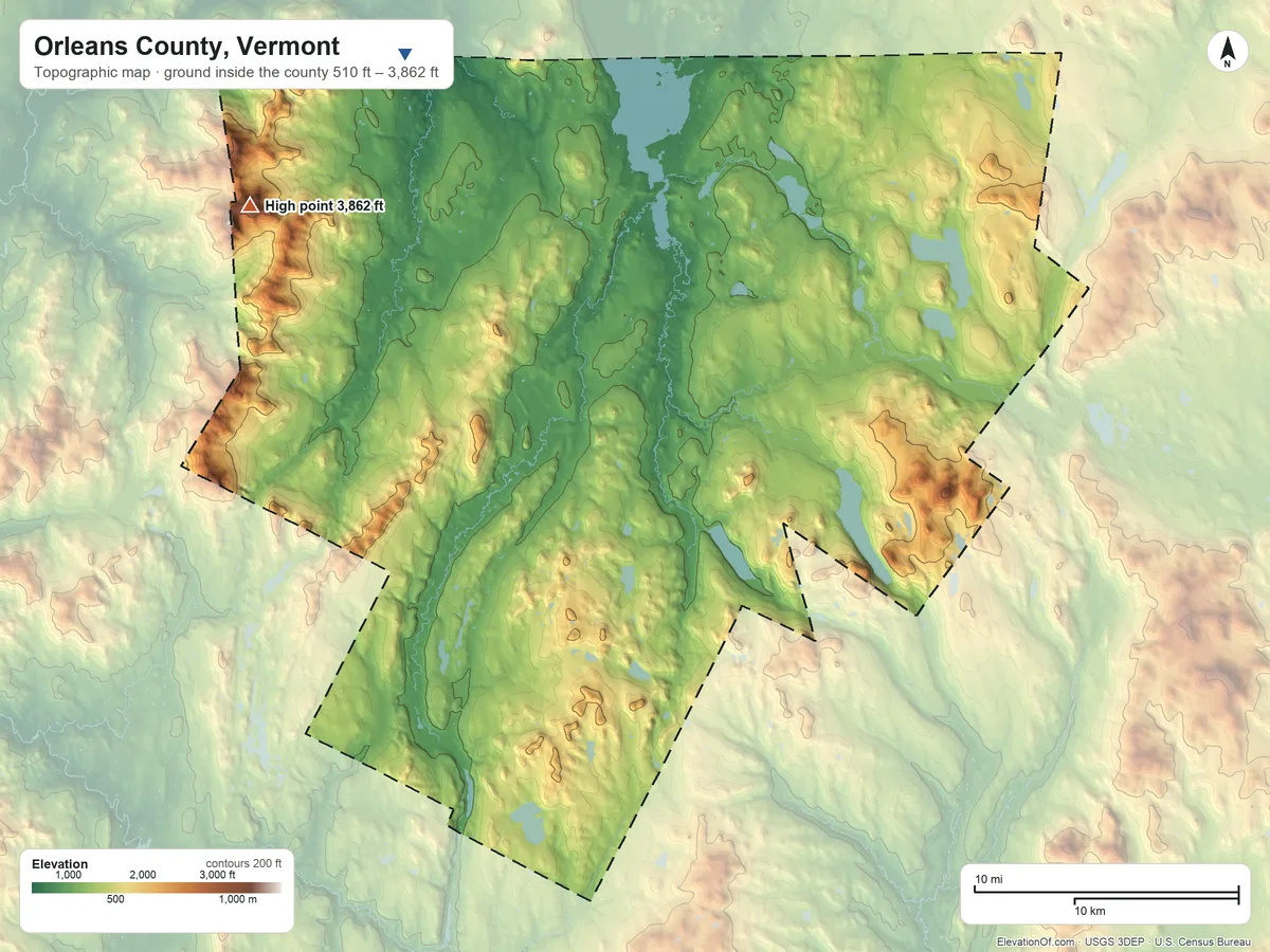 Topographic elevation map of Orleans County, Vermont, shaded from 510 ft on the northwest side to 3,862 ft on Jay Peak
