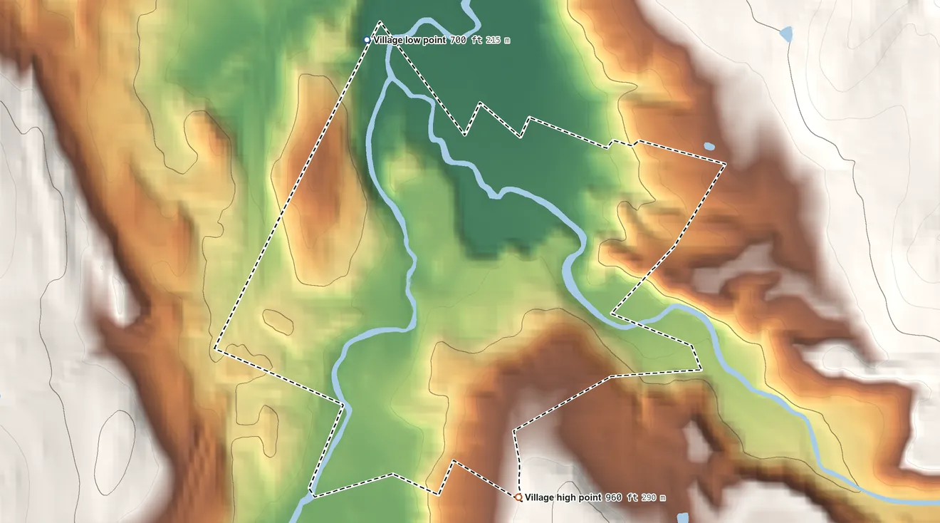 Topographic elevation map of Orleans, Vermont, shaded from 700 ft on the north side to 960 ft on the south side