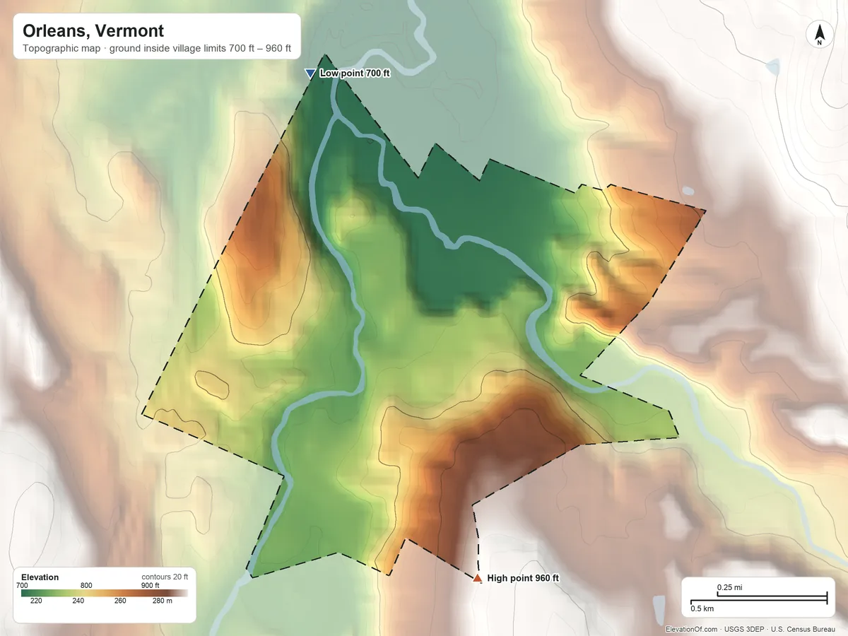 Topographic elevation map of Orleans, Vermont, shaded from 700 ft on the north side to 960 ft on the south side