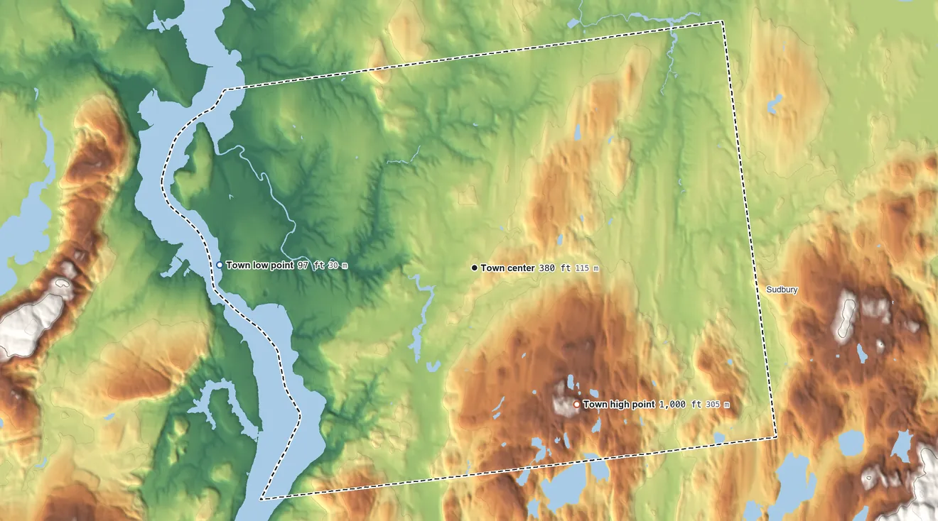 Topographic elevation map of Orwell, Vermont, shaded from 97 ft on the west side to 1,000 ft on the southeast side