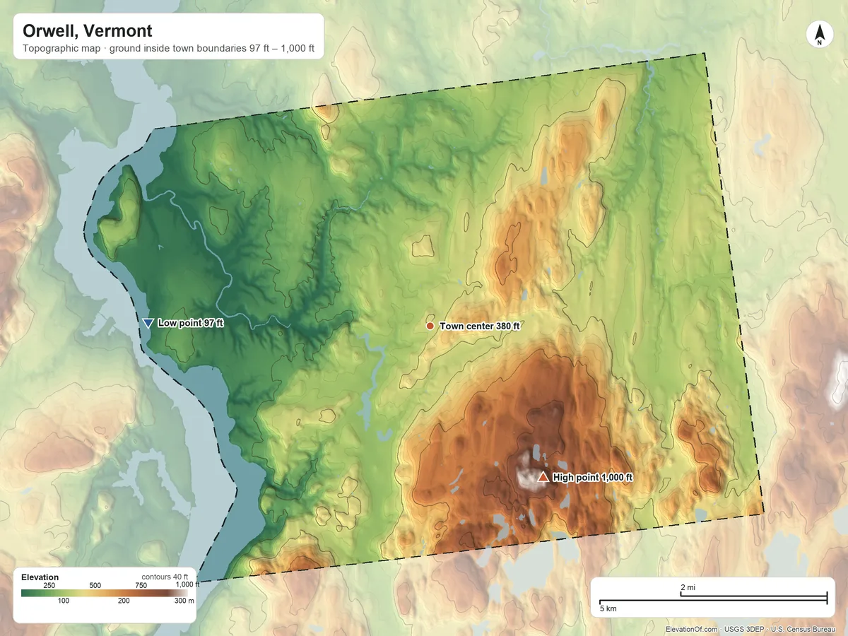 Topographic elevation map of Orwell, Vermont, shaded from 97 ft on the west side to 1,000 ft on the southeast side