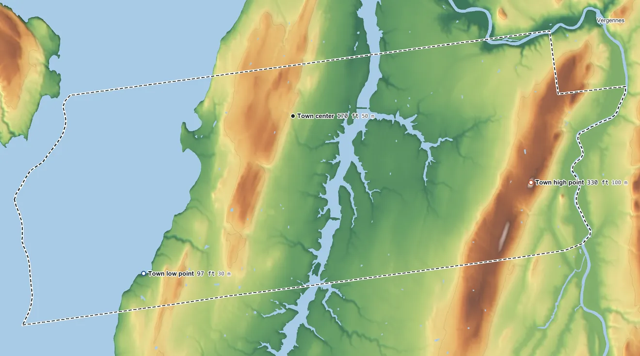 Topographic elevation map of Panton, Vermont, shaded from 97 ft on the southwest side to 330 ft on the east side