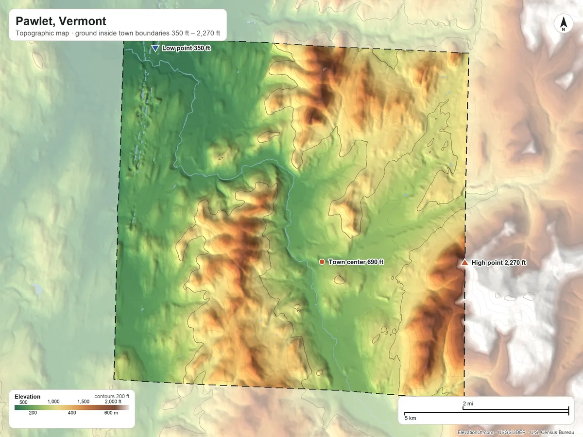 Topographic elevation map of Pawlet, Vermont, shaded from 350 ft on the northwest side to 2,270 ft on the east edge, below higher ground just outside