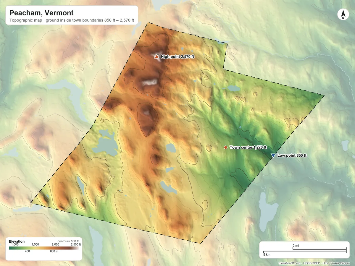 Topographic elevation map of Peacham, Vermont, shaded from 850 ft on the east side to 2,570 ft on Cow Hill