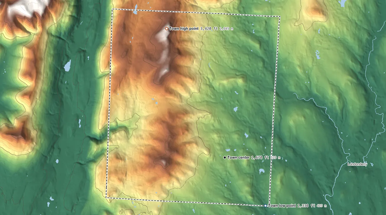 Topographic elevation map of Peru, Vermont, shaded from 1,330 ft on the southeast side to 3,420 ft on Peru Peak