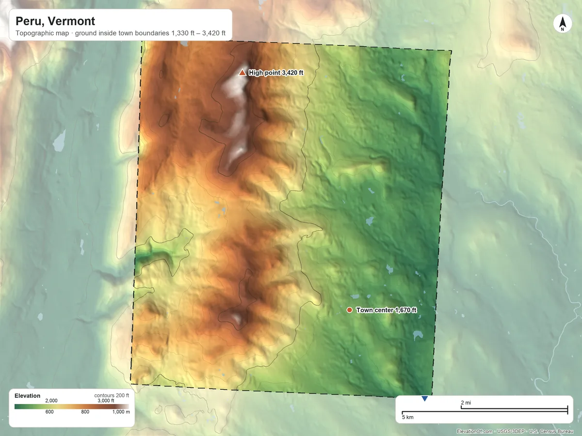 Topographic elevation map of Peru, Vermont, shaded from 1,330 ft on the southeast side to 3,420 ft on Peru Peak
