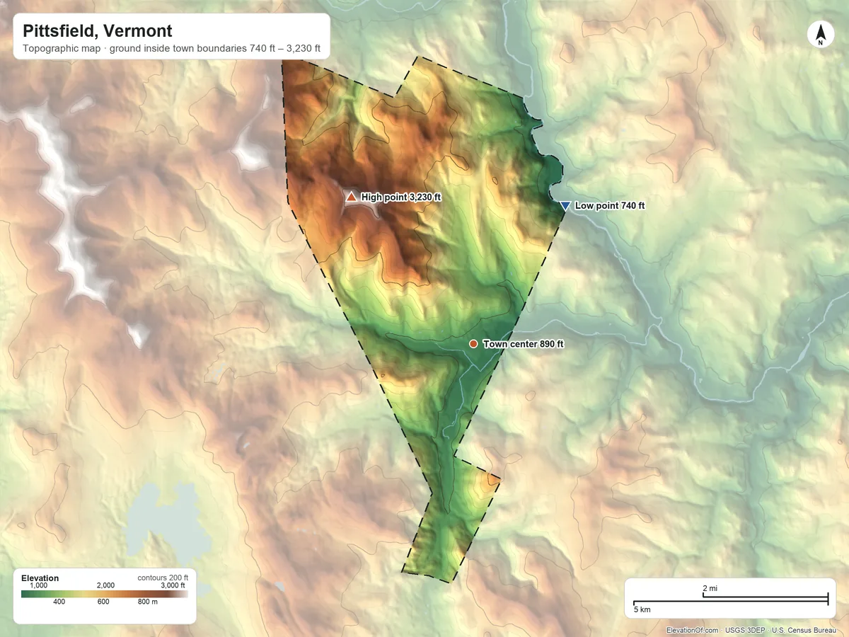 Topographic elevation map of Pittsfield, Vermont, shaded from 740 ft on the northeast side to 3,230 ft on the northwest side