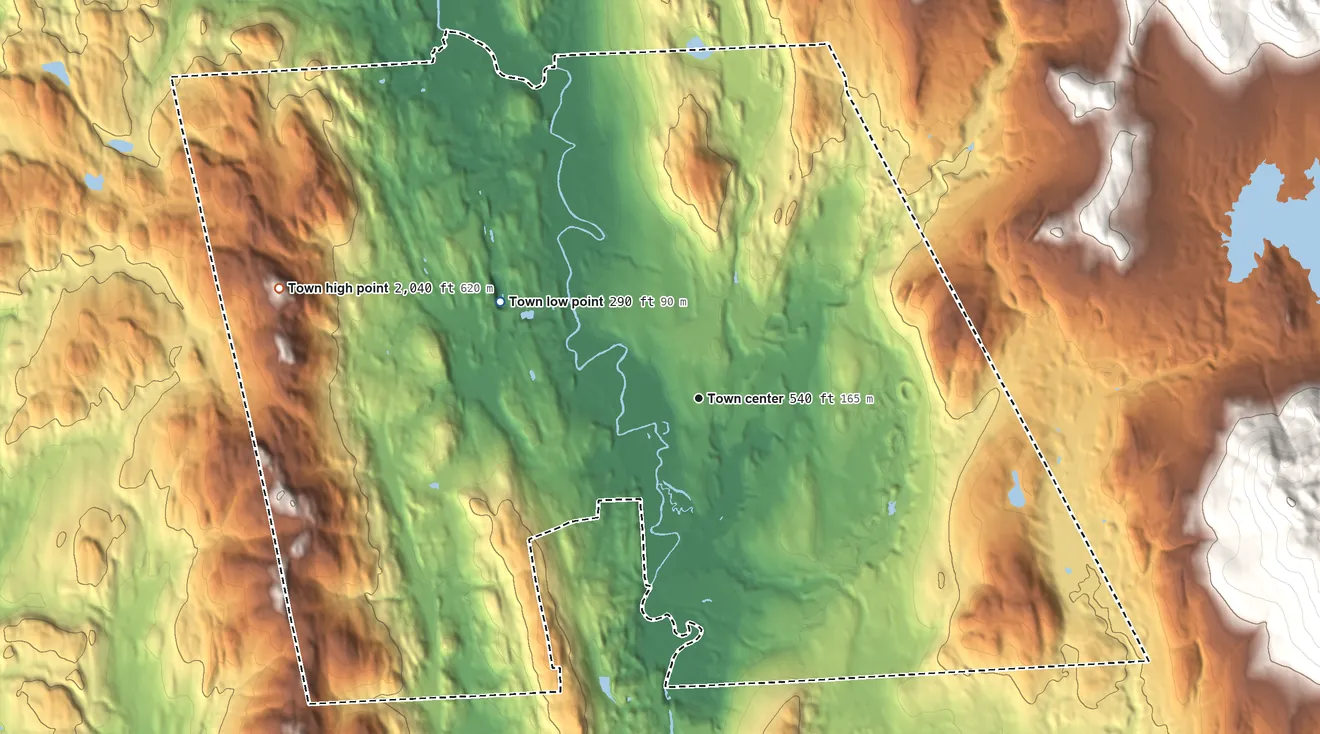 Topographic elevation map of Pittsford, Vermont, shaded from 290 ft on the northwest side to 2,040 ft on the west side
