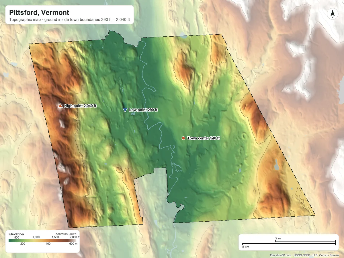 Topographic elevation map of Pittsford, Vermont, shaded from 290 ft on the northwest side to 2,040 ft on the west side