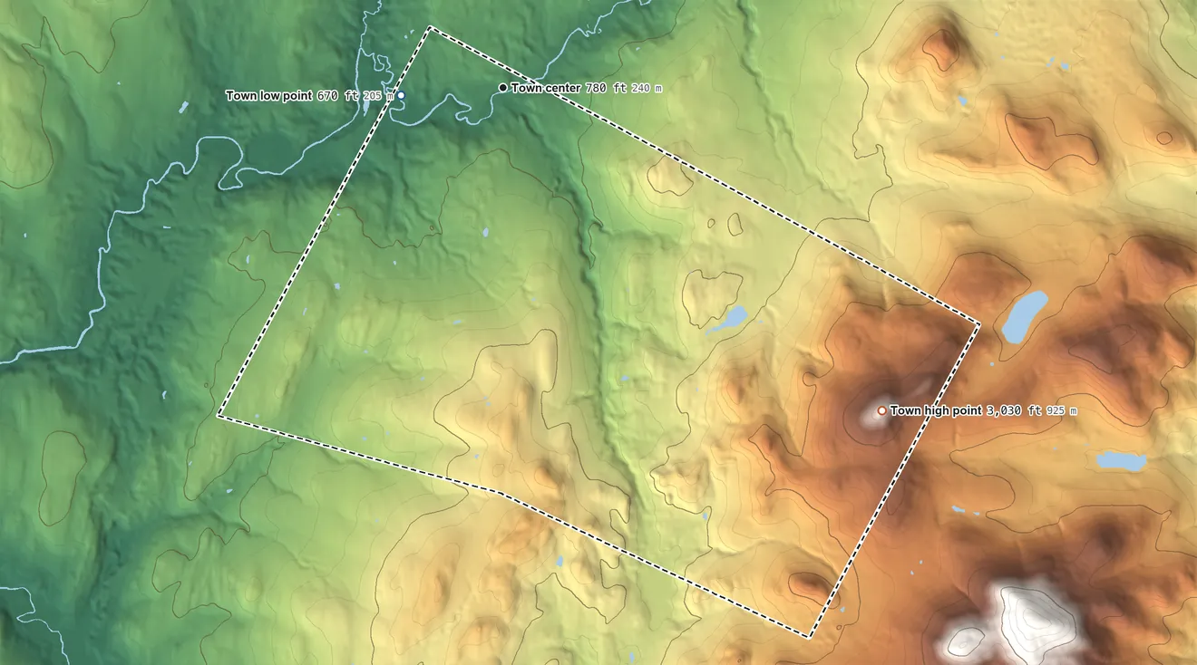 Topographic elevation map of Plainfield, Vermont, shaded from 670 ft on the west side to 3,030 ft on Spruce Mountain
