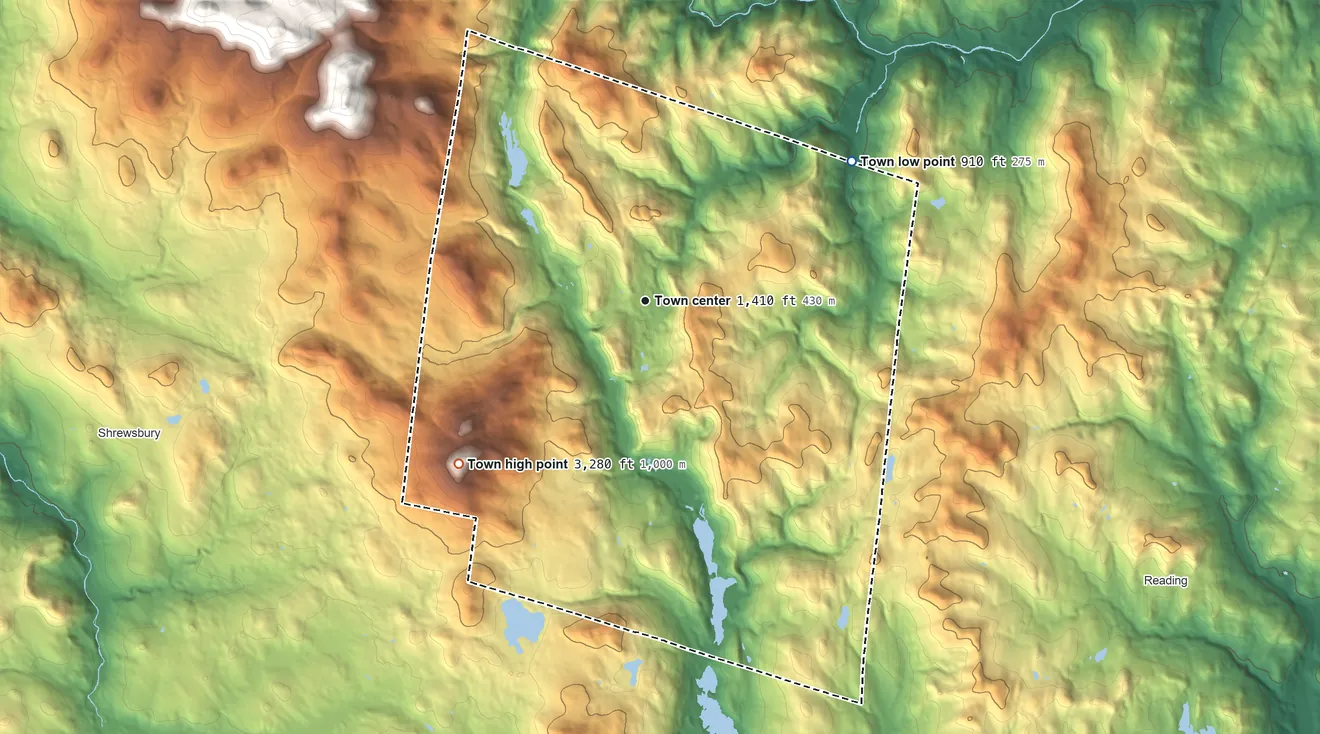 Topographic elevation map of Plymouth, Vermont, shaded from 910 ft on the northeast side to 3,280 ft on Salt Ash Mountain