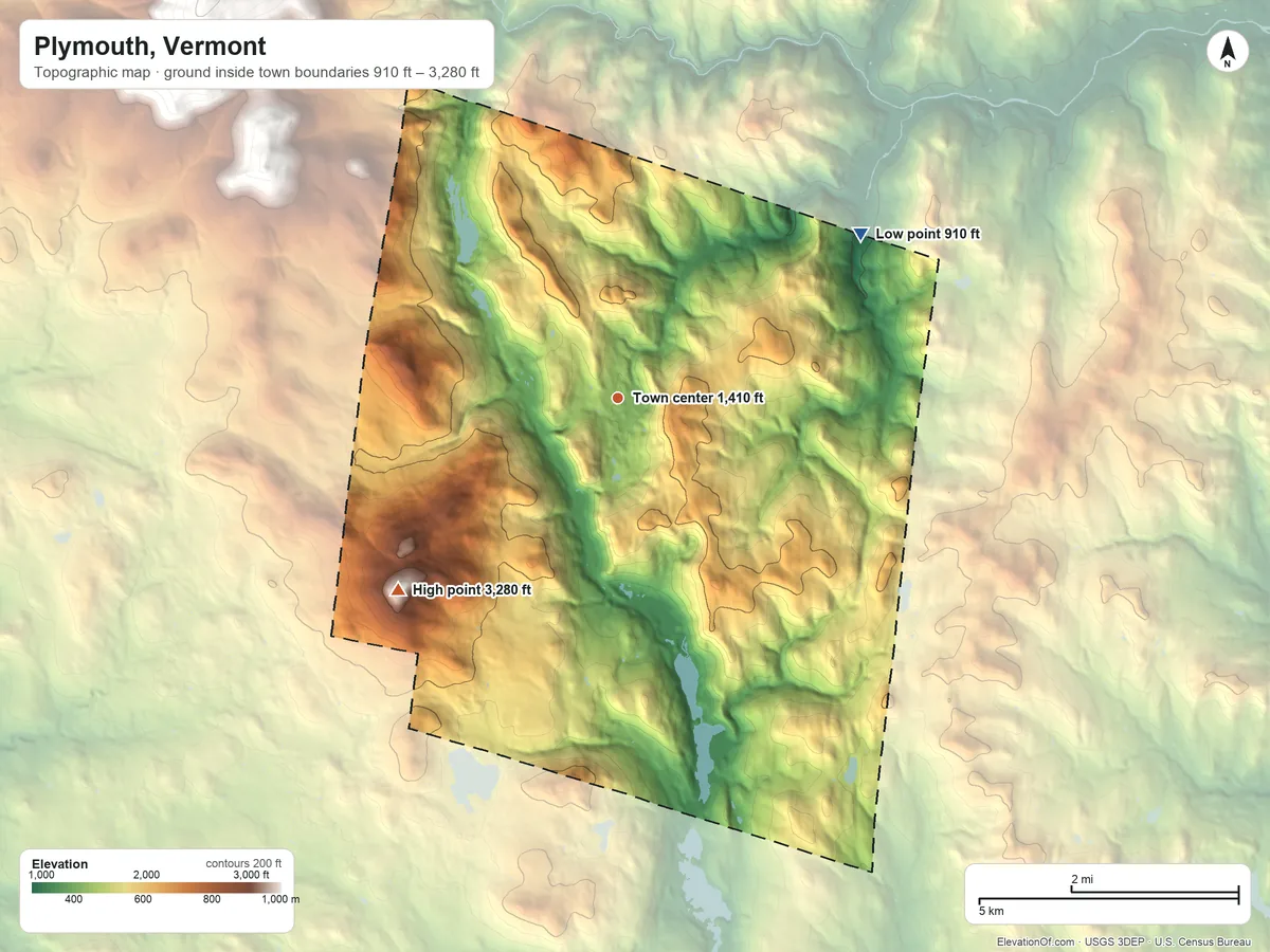 Topographic elevation map of Plymouth, Vermont, shaded from 910 ft on the northeast side to 3,280 ft on Salt Ash Mountain