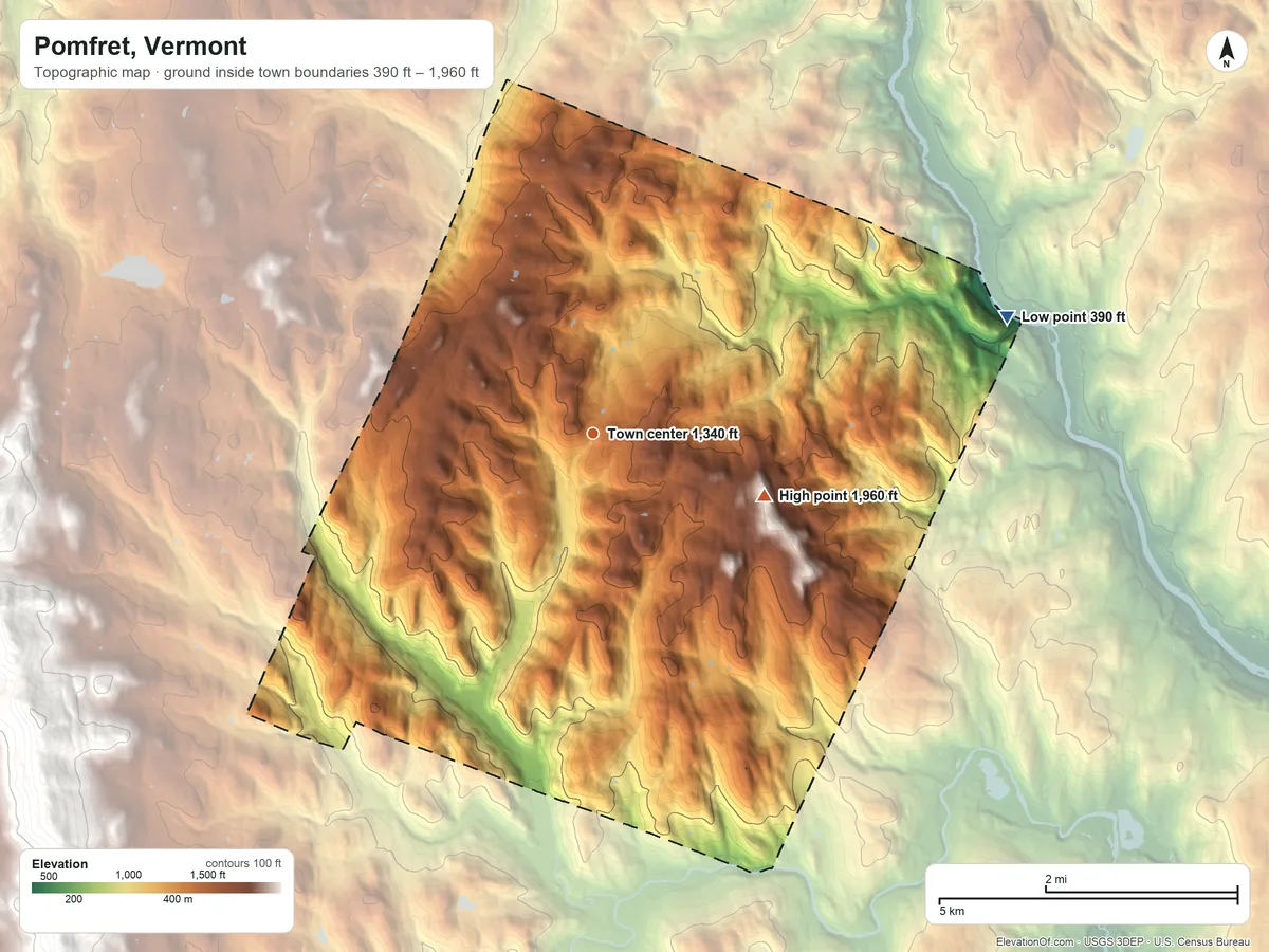 Topographic elevation map of Pomfret, Vermont, shaded from 390 ft on the east side to 1,960 ft on Thistle Hill