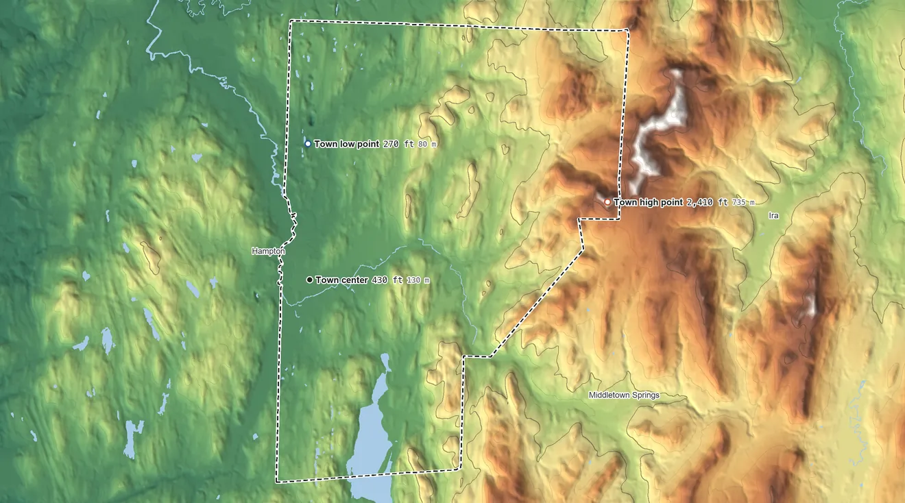 Topographic elevation map of Poultney, Vermont, shaded from 270 ft on the north side to 2,410 ft on Spruce Knob