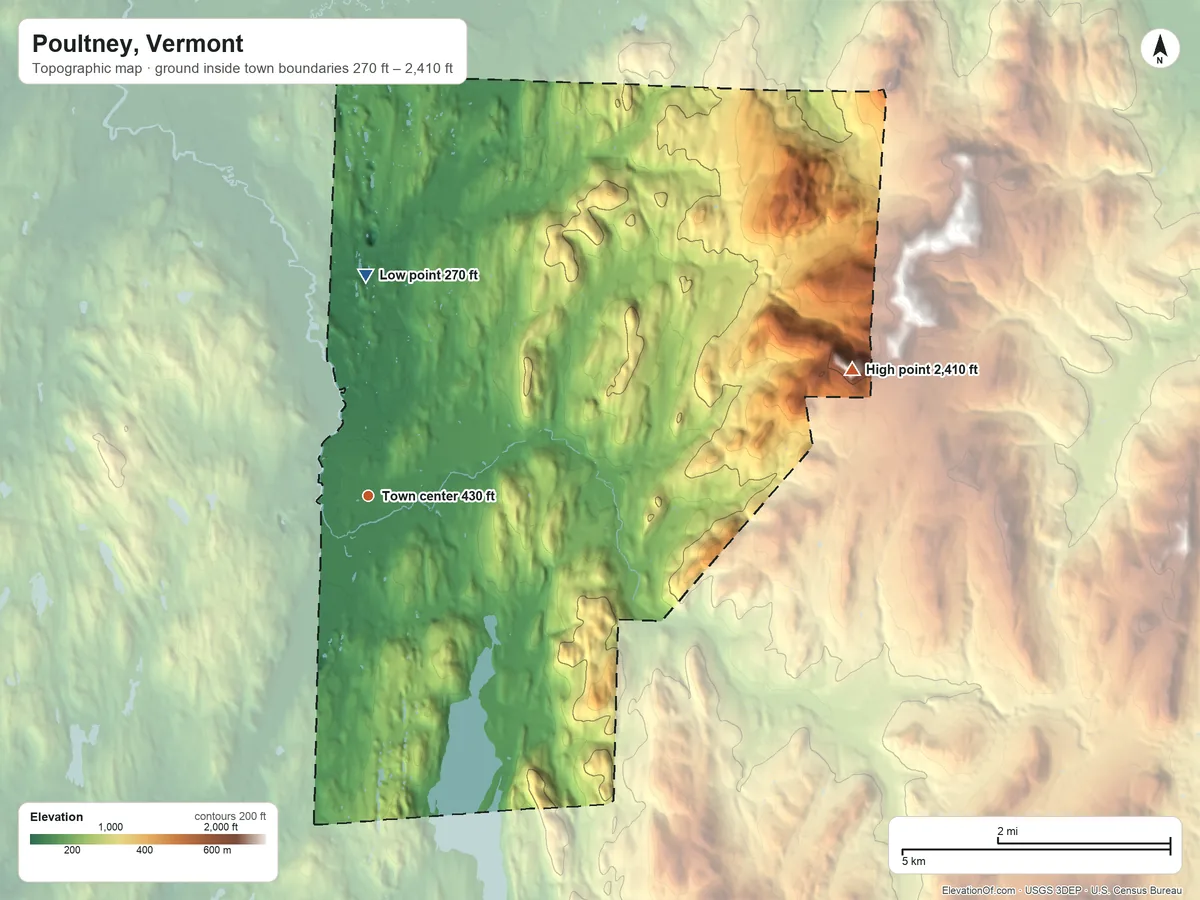 Topographic elevation map of Poultney, Vermont, shaded from 270 ft on the north side to 2,410 ft on Spruce Knob