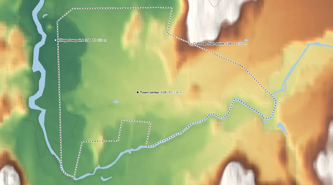 Topographic elevation map of Village of Poultney, Vermont, shaded from 390 ft on the northwest side to 530 ft on the northeast edge, below higher ground just outside