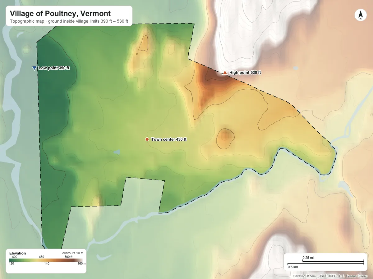 Topographic elevation map of Village of Poultney, Vermont, shaded from 390 ft on the northwest side to 530 ft on the northeast edge, below higher ground just outside
