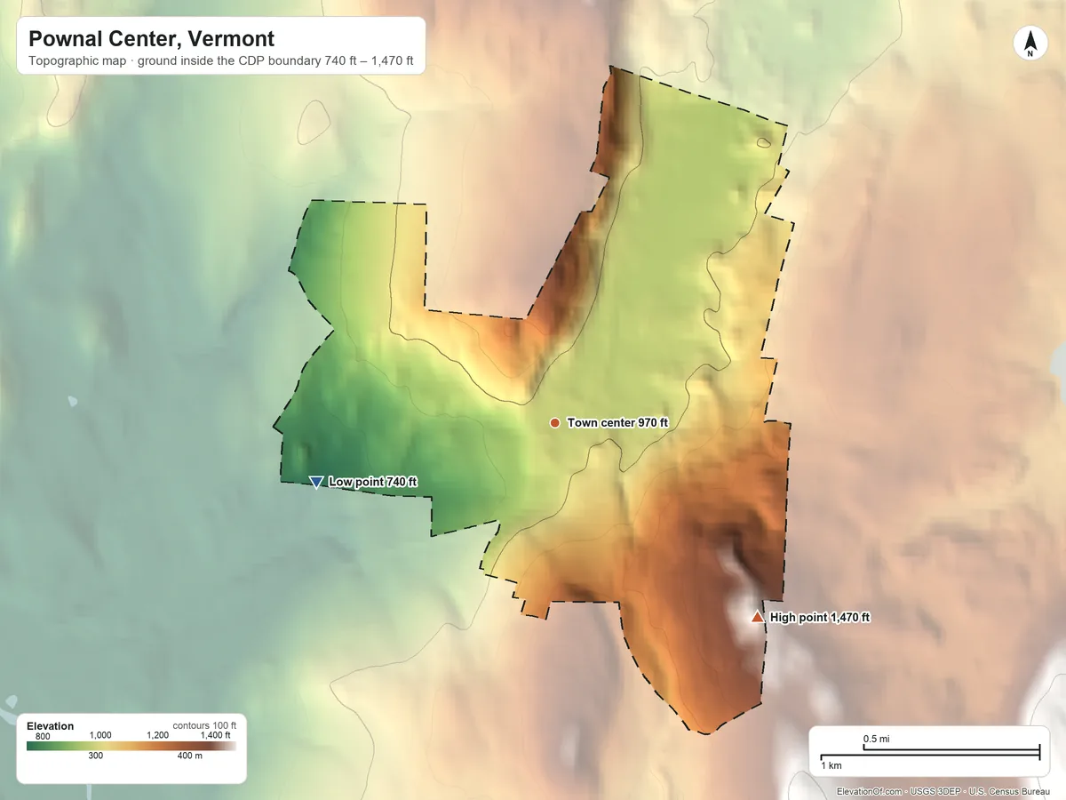 Topographic elevation map of Pownal Center, Vermont, shaded from 740 ft on the west side to 1,470 ft on the southeast edge, below higher ground just outside