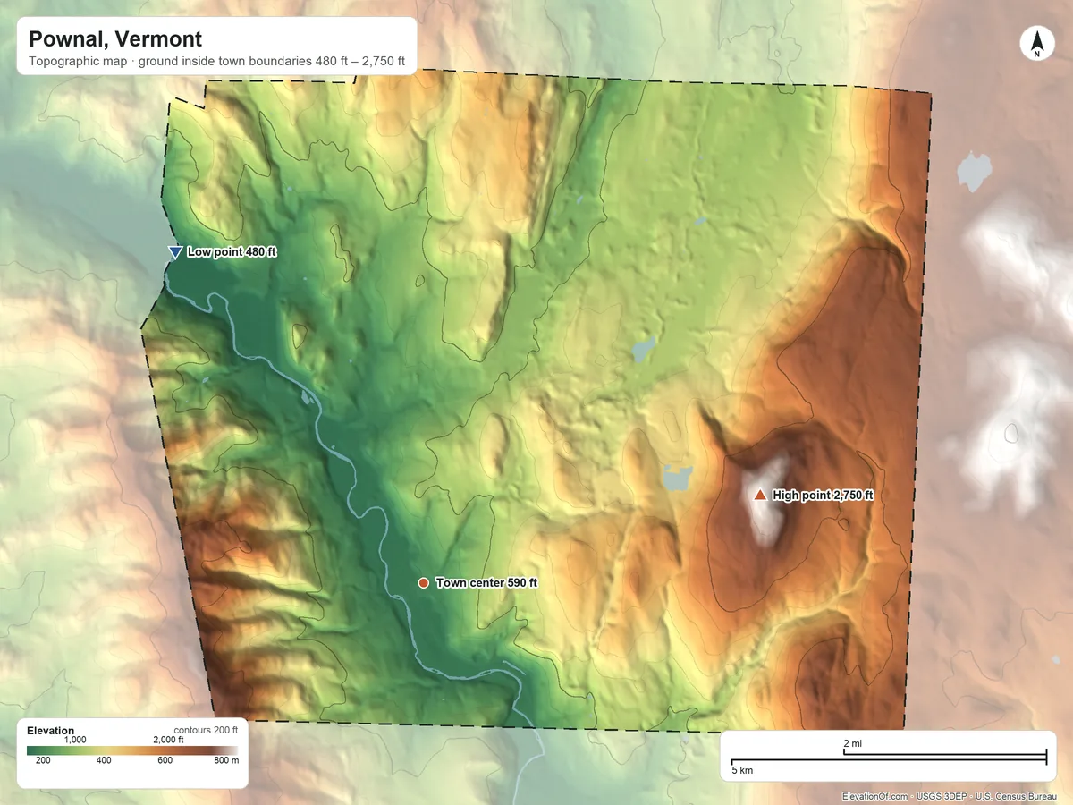 Topographic elevation map of Pownal, Vermont, shaded from 480 ft on the northwest side to 2,750 ft on The Dome