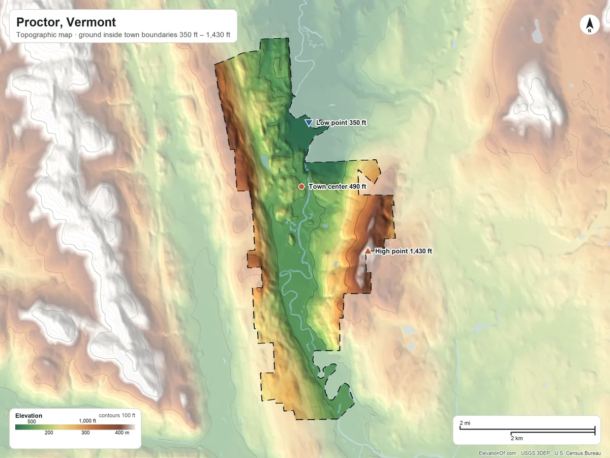 Topographic elevation map of Proctor, Vermont, shaded from 350 ft on the north side to 1,430 ft on Pine Hill