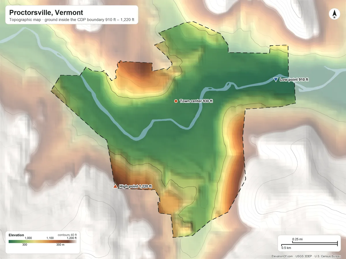 Topographic elevation map of Proctorsville, Vermont, shaded from 910 ft on the east side to 1,220 ft on the southwest edge, below higher ground just outside