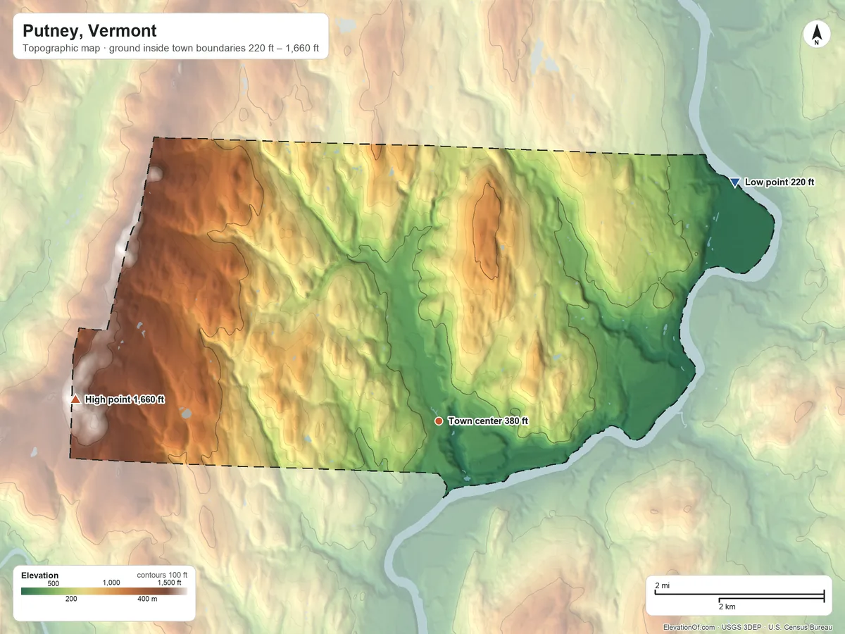 Topographic elevation map of Putney, Vermont, shaded from 220 ft on the northeast side to 1,660 ft on the west side