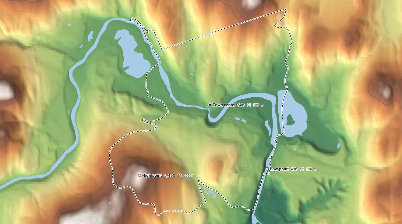 Topographic elevation map of Quechee, Vermont, shaded from 490 ft on the southeast side to 1,160 ft on the southwest side