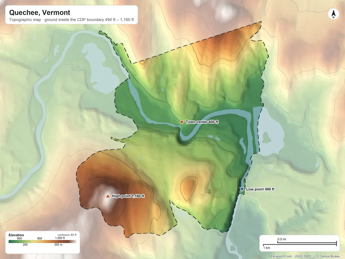 Topographic elevation map of Quechee, Vermont, shaded from 490 ft on the southeast side to 1,160 ft on the southwest side